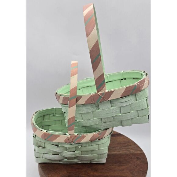 2 Vintage Mint Pink Painted Small Easter Basket Chicks Eggs Stripes Bow - Picture 8 of 12